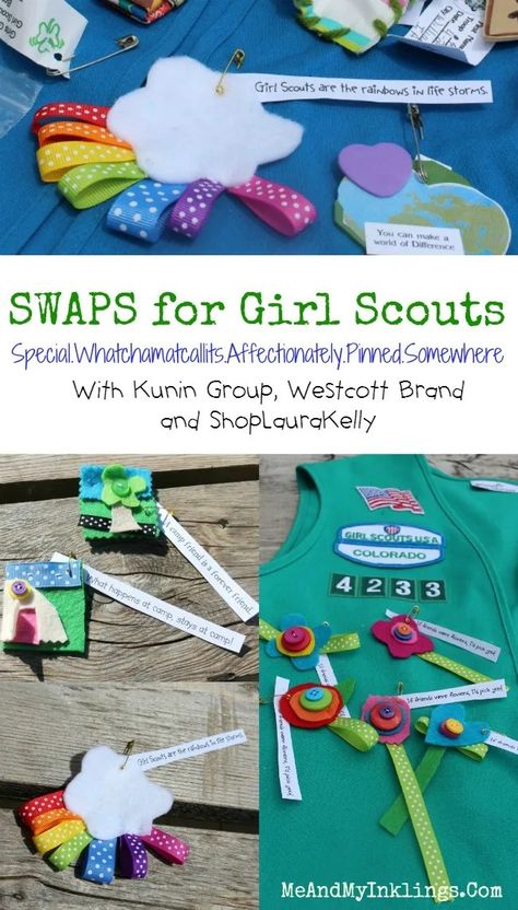 SWAPS Ribbon Rainbows for Girl Scouts - Laura Kelly's Inklings Girl Scout Swaps Ideas Easy, Rainbow Guides, Ahg Swaps, Swaps Ideas, Girl Scout Daisy Activities, Cadette Badges, Girl Scout Bridging, Brownie Badges, Girl Scout Cookies Booth