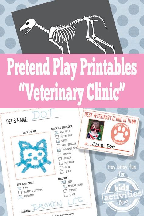 I love these!  An entire printable pretend play veterinary clinic for kids - so cute! Pretend Play Printables, Dramatic Play Ideas, Play Printables, Dramatic Play Preschool, Activity Workbook, Dramatic Play Centers, Vet Clinic, Kids Printables, Printables Free Kids