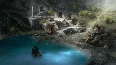 Village Concept Art, Castle Village, Dark Souls Concept Art, Lakeside Village, Dark Souls 2, Viking Village, Medieval House, Fantasy Locations, Bloodborne Art