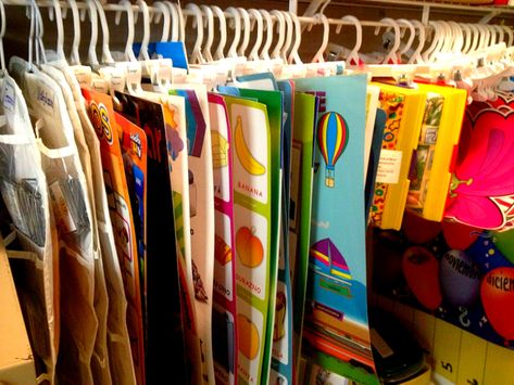 Classroom Posters and Game Organization Preschool Storage, Poster Storage, Clip Hangers, Supply Closet, Homeschool Room Organization, Craft Closet Organization, Daycare Organization, Art Classroom Management, Organized Classroom