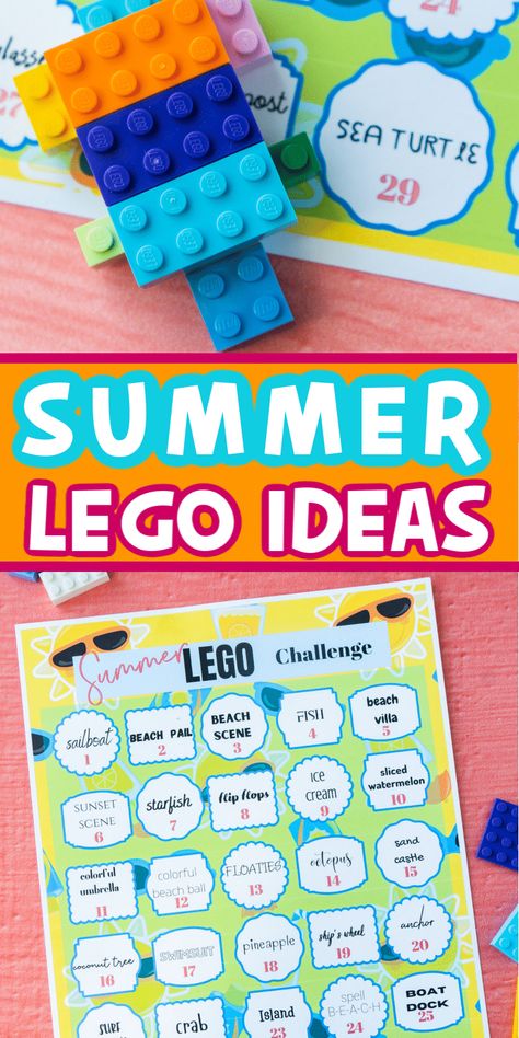 These summer Lego challenge ideas will get kids using their imaginations and all their Legos this summer! With thirty different summer themed building ideas, kids can do something once a day for a month or pick and choose all summer long! Lego Challenge Ideas, Lego Party Games, Lego Beach, Lego Camp, Boredom Busters For Kids, Lego Challenge, Lego Club, Challenge Ideas, Lego Activities