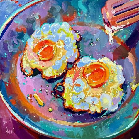 Fried Egg Drawing, Fried Egg Painting, Acrylic Painting Basics, Crispy Eggs, Oc Reference, Huevos Fritos, Colorful Oil Painting, Art Painting Gallery, Without Borders