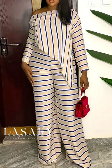 Lasaky - Contemporary Two-Piece Set with Striped Patchwork and Flattering Oblique Collar for Plus-Size Fashion Two Piece Outfits Pants, Plus Size Streetwear, Wide Leg Pant Suit, 2piece Outfits, Plus Size Two Piece, Streetwear Tops, Plus Size Jumpsuit, African Design Dresses, Casual Stripes