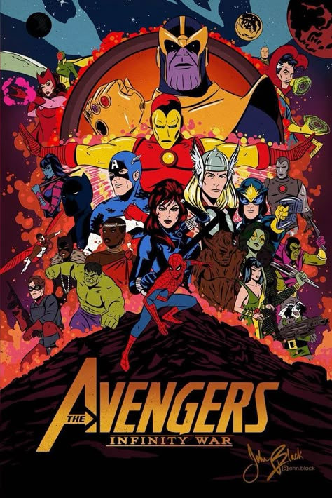 avengers: infinity war (art by john black) Avengers Posters, Marvel Comics Vintage, Avengers Poster, Avengers Art, Marvel Artwork, Marvel Posters, Marvel Comic Character, Avengers Infinity, Marvel Films