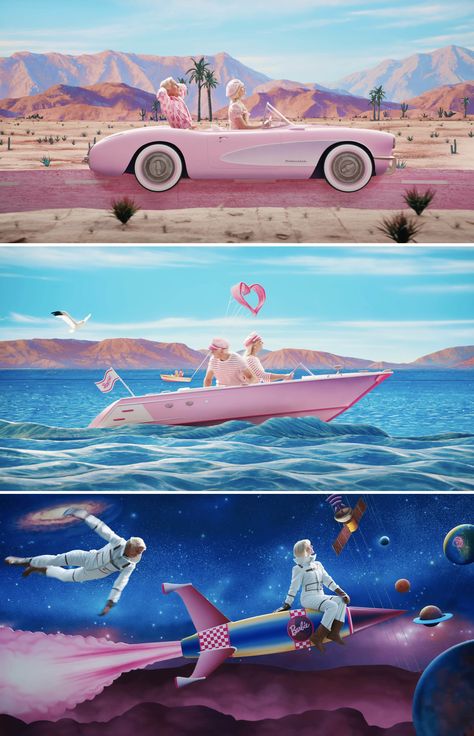 While moving between Barbie Land and the Real World, Barbie and Ken travel through a bunch of different scenes using a car, boat, spaceship, bicycle, camper van, and snowmobile, before rollerblading in Venice Beach. Barbie Land, Greta Gerwig, Barbie Movie, Barbie And Ken, The Real World, Theater, Travel, Pink