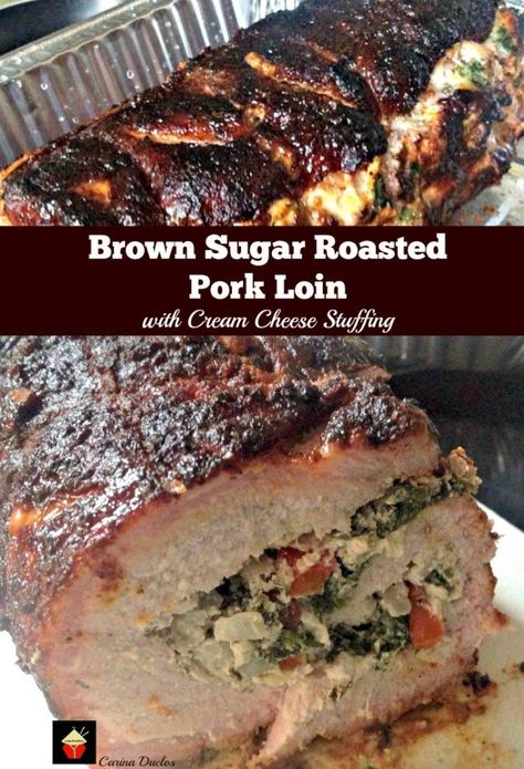 Brown Sugar Roasted Pork Loin with Cream Cheese Stuffing Pork Lion Recipes, Tender Pork Loin, Pork Loin Stuffed, Pork Loin Recipes Oven, Roasted Pork Loin, Cream Cheese Spinach, Cheese Spinach, Pork Roast Recipes, Stuffed Pork