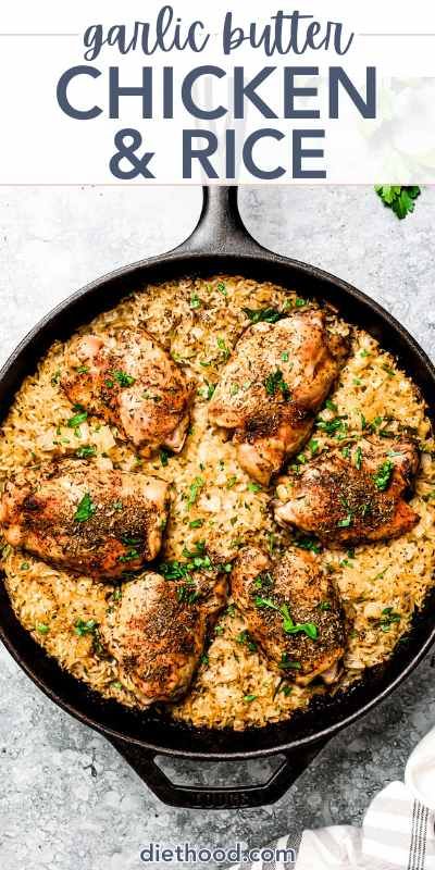 Everyone loves this chicken and rice recipe that’s baked in the oven! Imagine succulent, perfectly seasoned chicken thighs nestled on a bed of garlic-infused, buttery rice. The entire dish comes together in one pan with minimal prep, taking less than 10 minutes to set up. One Pan Garlic Butter Chicken And Rice, Oven Skillet Chicken, Butter Your Biscuit Chicken And Rice, Chicken Thigh And Rice Skillet, Garlic Chicken And Rice Recipes, Boneless Chicken Thigh Meals, Chicken And Rice Pan Recipes, Cast Iron Chicken And Rice, Chicken And Rice Cast Iron Skillet