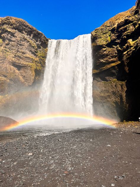 Waterfall Skogafoss with rainbow in Iceland Skogafoss Iceland, Iceland Trip, Iceland Waterfalls, Kiss Pictures, Chefs Kiss, Rainbow Aesthetic, Dream Trip, Iceland Travel, Future Travel