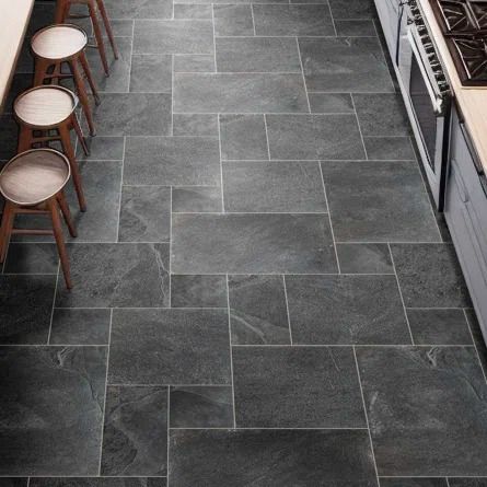 MSI Montauk Pattern Gauged Slate Floor and Wall Tile (16 sq ft) - Wayfair Canada Grey Tile Kitchen Floor, Dark Tile Floors, Black Tile Bathrooms, Slate Floor, Slate Tile Floor, Black Floor Tiles, Slate Wall, Dark Tile, Black Tile