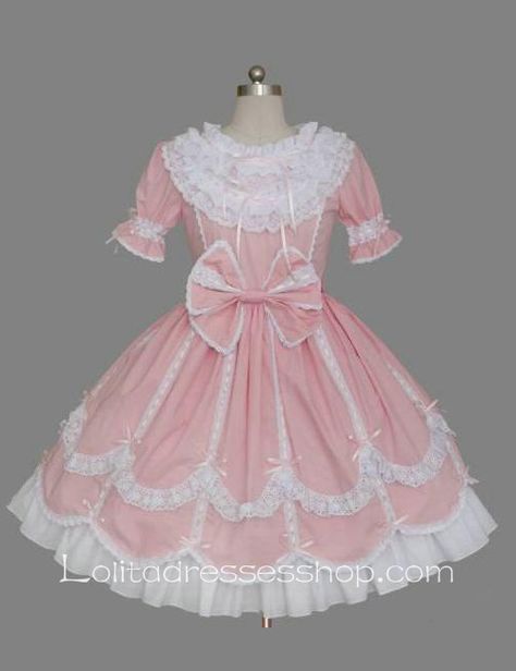 Lolita Pink Cotton White Lace Doll Collar Ruffles Bow Short Sleeves Sweet Princess Dress Fancy Black Dress, Pink Ball Gown, Girl Cosplay, Vestidos Vintage, Performance Wear, Sweet Lolita, White Bow, Lolita Dress, Halloween Cosplay