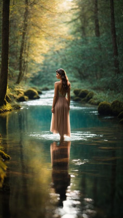 "Crystal-Clear Forest Stream: Model-Like Beauty" Water Reflection Photography, Forest Stream, Lake Photoshoot, Waterfall Pictures, Water Shoot, Lake Photography, Dream Photography, Woods Photography, Female Art Painting