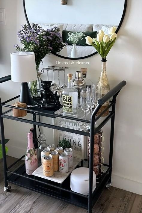 Coffee Bar Ideas Cart, Girly Luxury Apartment, Small Bar Decor Ideas Home, Bar Cart Organization, Manchester Flat, Kitchen Interior Decor, Solo Apartment, Bar Cart Inspo, Girly Kitchen