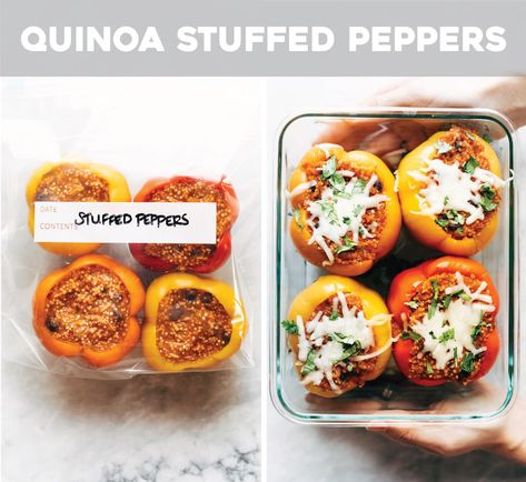 Healthy Freezer Meals - Quinoa Stuffed Peppers | pinchofyum.com Quinoa Stuffed Bell Peppers, Quinoa Stuffed Peppers, Pinch Of Yum, Freezer Dinners, Snacks Under 100 Calories, Budget Freezer Meals, Healthy Freezer Meals, Inexpensive Meals, Money Saving Meals