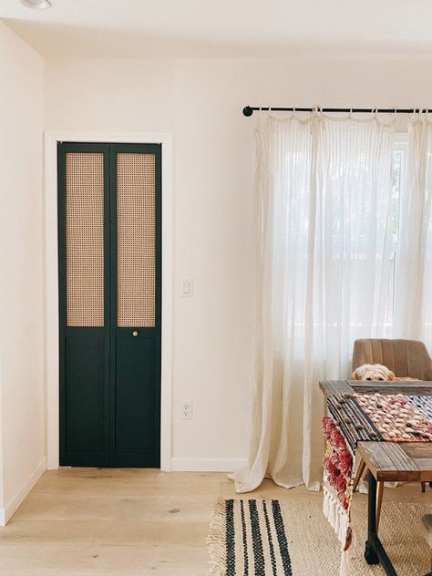 Boho Closet Doors, Bi Fold Closet Doors Makeover, Folding Door Kitchen, Folding Door Makeover, Cane Closet Doors, Cane Closet, Folding Door Design, California Farmhouse, Bifold Doors Makeover