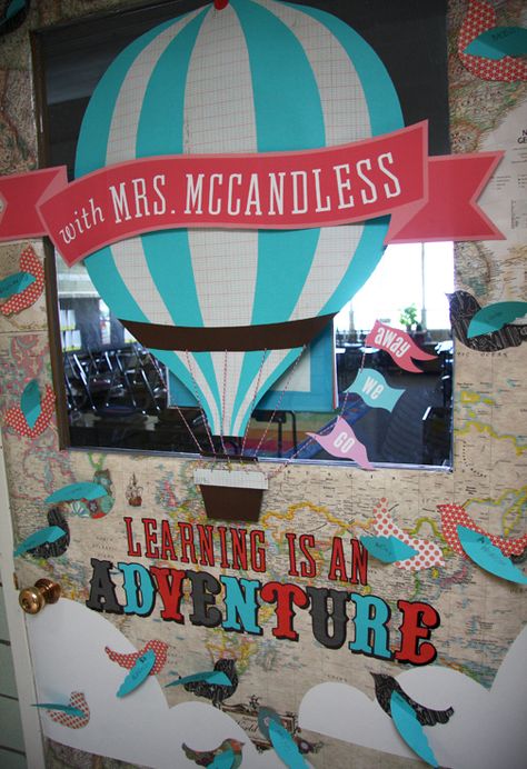 Add the names of the RAs on the floor or the hall name on the balloon. Perhaps allow residents to add balloons describing their adventures throughout the year. Learning Is An Adventure, Travel Theme Classroom, Teacher Appreciation Doors, Teacher Door, School Door Decorations, School Doors, Adventure Theme, Door Decorations Classroom, New Classroom