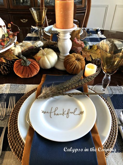 Fall Coffee Table Decor Ideas (Easy and Stylish) - Calypso in the Country Thankgiven Table Decoration Ideas, Thanksgiving Table Settings Navy Blue, Fall Thanksgiving Table Decor, Navy And Orange Thanksgiving Table, Navy And Orange Table Setting, Navy And Orange Dining Room, Blue And Orange Thanksgiving Tablescape, Teal Thanksgiving Table Decor, Navy Blue Thanksgiving Table