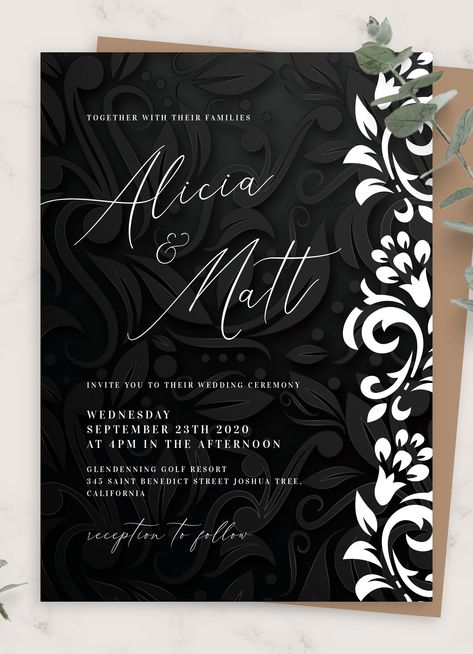 Black wedding invitation template with white floral ornament at the right side and 3D imitation background. Enjoy unique font and custom design for your wedding invitations. Simple Beach Wedding Ideas, Wedding Invitation Pdf, Spring Wedding Outfit, Non Traditional Wedding Rings, Non Traditional Wedding Ring, Simple Beach Wedding, Traditional Wedding Rings, Wedding Invitation Background, Silver Wedding Invitations