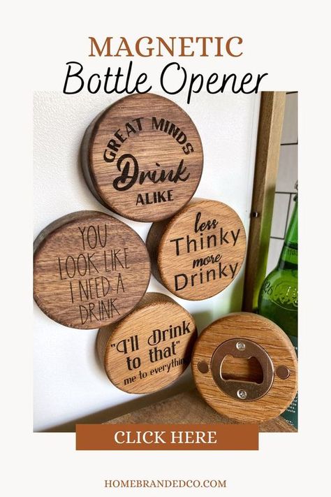 Magnetic Wooden Bottle Opener #woodslicemagic #diyhomedecor #sustainablecrafts #naturalart #woodslicedecor #diygiftideas #Woodworking #WoodworkingTips #WoodworkingProjects #WoodworkingIdeas #WoodCraft #WoodArt #DIYWoodworking #WoodworkingCommunity #HandmadeWoodwork #WoodworkingSkills #WoodworkingLife #WoodworkingInspiration #WoodworkingCrafts #WoodworkingDesign #DIYWoodGingerbreadHouses Bottle Opener Coaster, Wooden Cnc Projects, Funny Bottle Openers, Functional Wood Projects, Engraver Ideas Diy, Bottle Openers On Wood, Laser Craft Ideas, Laser Engraving Ideas Metal, Wood Burning Crafts To Sell