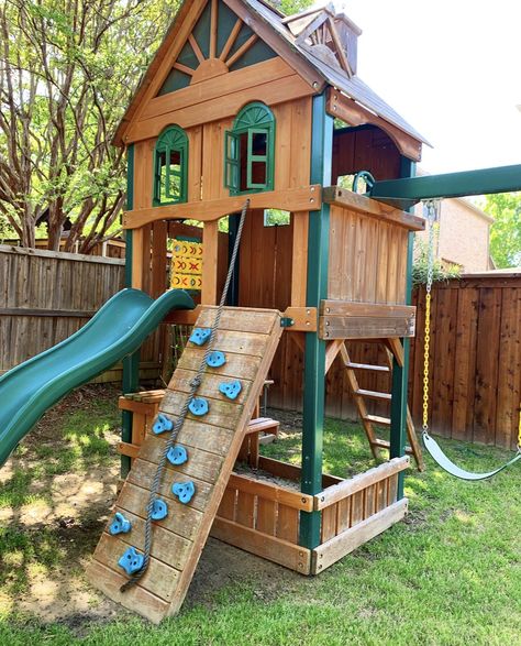 DIY: Outdoor Play Set Makeover - Crisp Collective Wooden Swingset Remodel, Wooden Play Set Makeover, Outdoor Play Set Makeover, Outdoor Playset Makeover, Play Set Outdoor, Swing Set Makeover, Diy Outdoor Play, Playground Makeover, Painted Playhouse