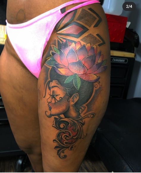 Tatted Nurse, African Queen Tattoo, Cute Thigh Tattoos, Queen Tattoo, Thigh Tattoos, Pretty Tattoos For Women, Celestial Art, African Queen, Creative Tattoos