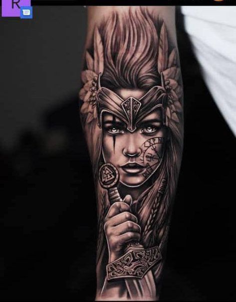 Female Viking Tattoo, Female Viking, Natur Tattoo Arm, Athena Tattoo, Viking Warrior Tattoos, Warrior Tattoo Sleeve, Female Warrior Tattoo, Viking Warrior Woman, Norse Mythology Tattoo