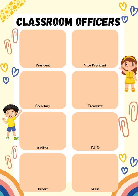 Class Officers Background Design, Classroom Officers Template Aesthetic, Classroom Officers Background Design, Class Officers Bulletin Board, Class Officers Template Canva, School Officers Posters, Class Officers Template Aesthetic, Classroom Officers Chart Design, Class Officers Template