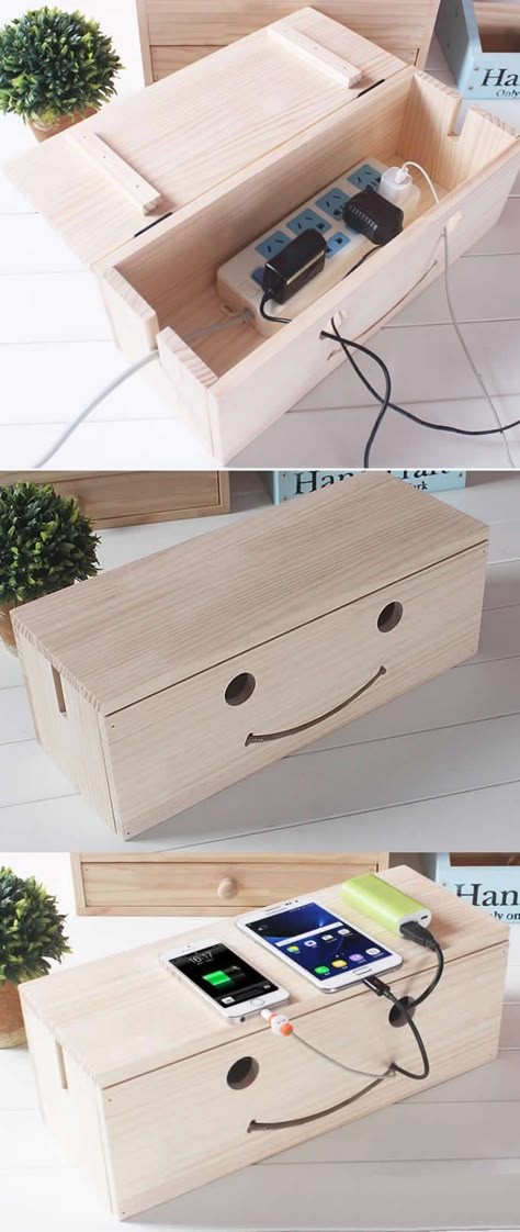 Wooden Cable Cord Organizer Box CableBox Cable Management System Hide Electrical Cords, Cable Management System, Cord Organizer, Cable Storage, Cord Management, Cord Organization, Box Diy, Cable Organizer, Organiser Box