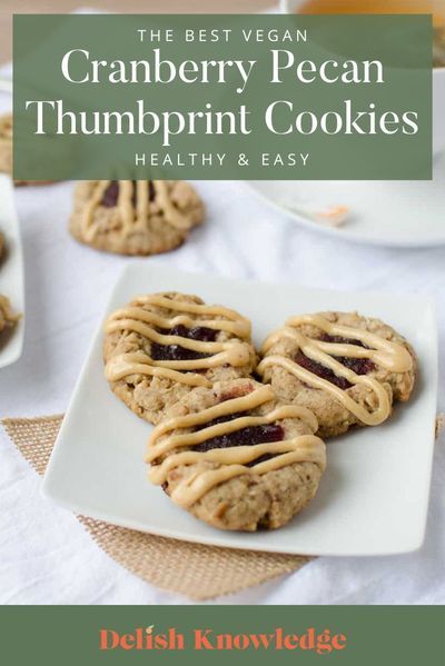 Pecan Thumbprint Cookies, Vegetarian Cookie Recipes, Vegan Thumbprint Cookies, Peanut Butter Drizzle, Thanksgiving Vegan, Cookie Recipes From Scratch, Healthy Dessert Recipes Easy, Cranberry Jam, Vegan Party Food