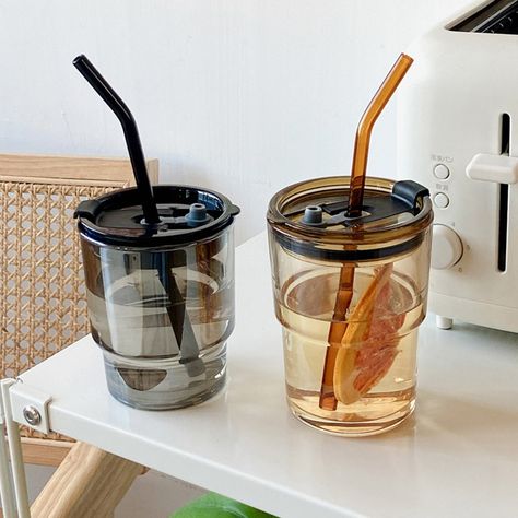 Cups With Straws, Glass Iced Coffee Cup, Coffee Cup With Lid, Bamboo Cups, Cute Coffee Cups, Glass Coffee Cups, Glass Coffee Mugs, Heat Resistant Glass, Iced Coffee Cup