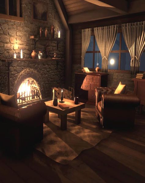 Cabin Inside Aesthetic, Cozy Dark Cottage, Fireplace Aesthetic Cozy, Dark Academia Cabin, Cozy Fireplace Aesthetic, Cabin Core Aesthetic, Boujee Apartment Bedroom, Black Mantle Fireplace, Black Tile Fireplace