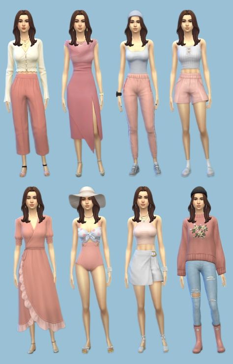 Sims 4 pink outfit inspirations. My ID is Yuna_licht. #ts4 #sims4 #sims4outfits #ts4outfits #lookbook Cute Sims 4 Characters No Cc, The Sims 4 Outfit Ideas No Cc Aesthetic, Sims 4 Without Cc, Sims 4 Look Book No Cc, Sims Characters Ideas No Cc, Sims 4 Character Ideas Base Game, Cute Sims 4 Outfits No Cc, Sims 4 Teen Clothes Cc, Base Game Sims 4 Outfits