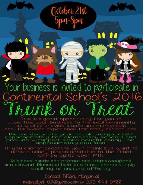 We are excited to support a local school, in being a part of their annual Trunk-Or-Treat. It will be one of our first in person events, please feel free to stop by and ask any questions, or schedul… Trunk Or Treat Contest Categories, Trunk Or Treat School Event, Trunk Or Treat Event Ideas, Planning A Trunk Or Treat Event, Pto Halloween Event, Pto Trunk Or Treat Ideas, Pta Trunk Or Treat Ideas, How To Host A Trunk Or Treat, Trunk Or Treat Party Ideas