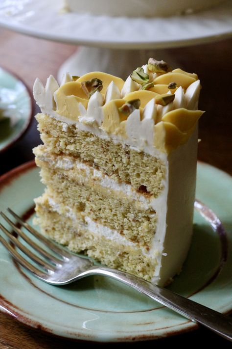 The Goldilocks Cake {Lemon Pistachio Layer Cake} | Korena in the Kitchen Petit Four Cake, Goldilocks Cake, Swiss Meringue Frosting, Lemon Torte, Lemon Pistachio Cake, Lemon Layer Cake, Lemon Whipped Cream, Lemon Pistachio, Meringue Frosting