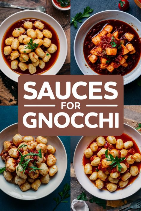 Various gnocchi dishes with different sauces arranged around the words "Sauces for Gnocchi". Gnocchi Recipes Sauce, Sauces For Gnocchi, Pumpkin Gnocchi Sauce, Gnocchi Sauce Recipes, Sweet Potato Sauce, Gnocchi Sauce, Spinach Gnocchi, Italian Gnocchi, Gnocchi Recipes Homemade