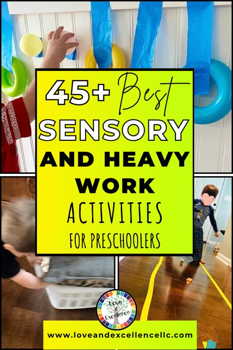 Here are  45+ of our favorite ideas for sensory seekers, from heavy work activities for kids, to how to modify academic activities in ways that add extra body resistance work, to gross motor activities that engage the whole body.  I hope they inspire you and your child find what works to give their little bodies, minds, and hearts what they need! Sensory Teaching Ideas, Physical Sensory Activities, Preschool Heavy Work Activities, Sensory Based Activities, Heavy Sensory Activities, Morning Sensory Activities, Classroom Heavy Work Activities, Gross Motor Art Activities, Heavy Work For Preschoolers