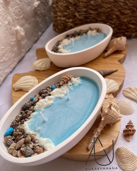 Name : ocean themed candle Perfect for your counter top and office space Category : scented Beachy Candles, Ocean Gel Candle, Sea Shells Candles, Candle Seashell, Diy Resin Gifts, Beach Theme Candles, Ocean Candle, Sea Candles, Velas Candles