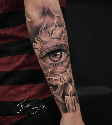 70 Smoke Tattoo Design Ideas with Meaning | Art and Design Eye Forearm Tattoo Men, Eye In Clock Tattoo Design, Eye Clock Tattoo Design For Men, Women Eye Tattoo Ideas, Eye Tattoo Ideas Women Sleeve, Eye Tattoo With Clock, Half Arm Sleeve Tattoo For Women Unique, Tattoos With Eyes In Them, Forearm Eye Tattoo