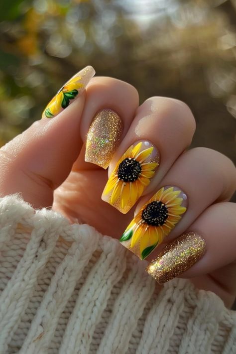 Brighten your day with 25 sunflower nail art designs! Discover vibrant and cheerful styles that bring a touch of sunshine to your manicure. Summer Nails Sunflower Art Designs, Sunflower Nails Wedding, Sunflower Inspired Nails, Sunflower Nail Art Designs, Nails Sunflower Design, Sunflower Toe Nails, Summer Nails Sunflower, Sunflower Gel Nails, Summer To Fall Nails