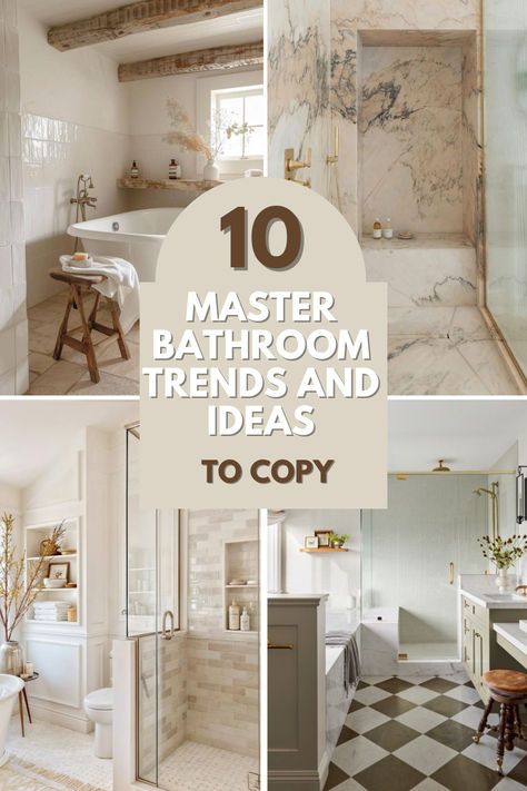 I am excited to bring you 10 master bathroom design ideas that are stunning, modern and trending! Get inspired for your own master bathroom design! Bathroom Remodel Classic Master Bath, European Style Bathroom Design, Bathroom Remodel Traditional, Southern Living Bathroom Ideas, Master Bathrooms 2025 Trends, 2025 Bathroom Design, Luxury Master Bath Design Ideas, Elegant Master Bathrooms Luxury, Timeless Master Bath