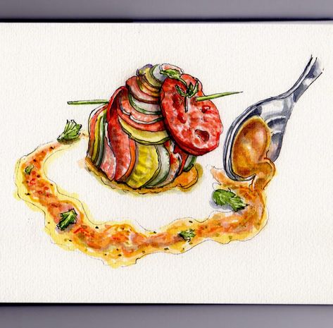 Remy’s Ratatouille Ratatouille Food Drawing, Ratatouille Drawing, Ratatouille Recept, Ratatouille Dish, Ratatouille Disney, Illustrated Recipes, Disney Doodles, Ratatouille Recipe, Color Pencil Sketch