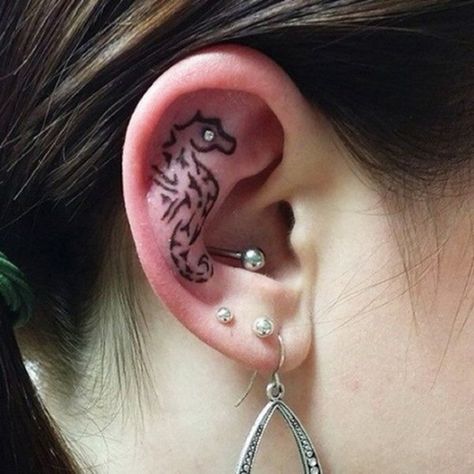 Original sea horse tattoo on the ear. Inner Ear Tattoo, Tatuaje Cover Up, Behind Ear Tattoos, Seahorse Tattoo, Ear Tattoos, Horse Tattoo, Cute Tattoos For Women, Tattoo Designs For Women, Piercing Tattoo