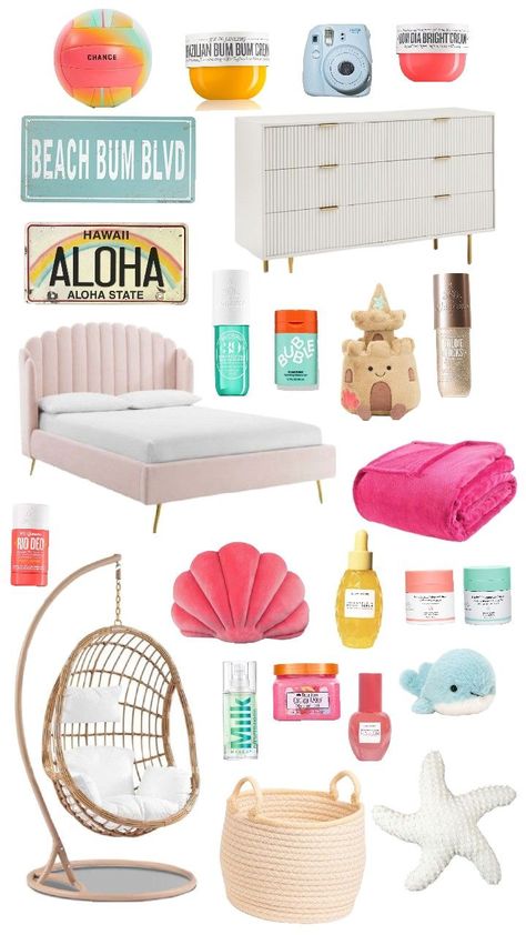 aesthetic trendy summer teen girl pink yellow blue sol de janerio beach Hawaii mood board inspo Pink And Blue Beach Room, Blue Beach Theme Bedroom, Hawaii Room Aesthetic, Aesthetic Summer Room, Pink Beach Room, Teen Beach Room, Beach Bedroom Girls, Girls Beach Theme Bedroom, Kids Beach Room