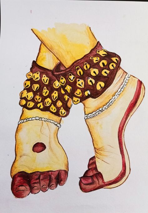 Feet With Ghungroo Painting, Bharatnatyam Mehendi, Krishna Legs Painting, Nataraja Painting, Jewellery Designing, Indian Drawing, Dancer Drawing, Dance Theme, Dance Painting