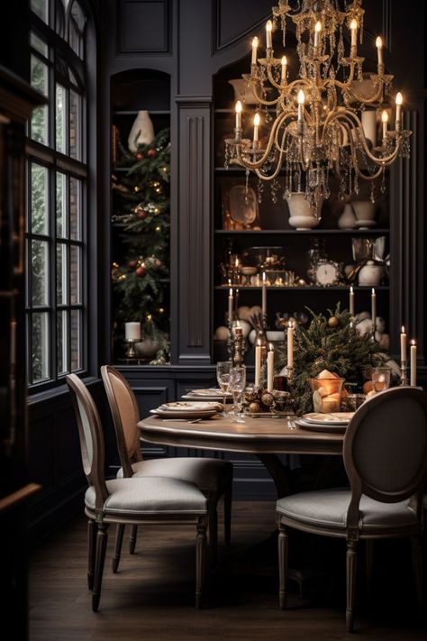 dinner party christmas dinner table settings dinner party table dinner party aesthetic home inspo home decor ideas home aesthetic kitchen aesthetic Deep Purple Dining Room, Gothic Dining Room, New Orleans Style Homes, Moody Dining Room, Purple Dining Room, Dark Academia Interior, Pinterest Kitchen, Dark Academia Home, Dining Room Paint Colors