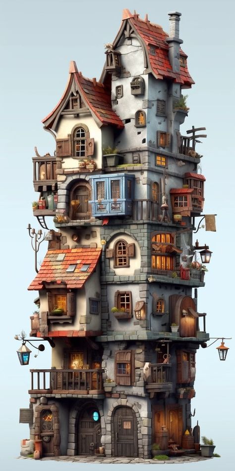 Cool Fantasy Houses, Fantasy Buildings Concept Art, Medieval Fantasy Architecture, Sims 4 Wizard House, Fantasy Buildings Art, Medieval Building Concept Art, Steampunk Building Concept Art, Steampunk House Concept Art, Fantasy House Drawing