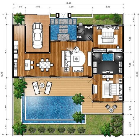 Futurist Architecture, House With Pool, Small Villa, Pool House Plans, Villa Plan, House Layout Plans, Modern House Plan, Courtyard House, Modern House Plans