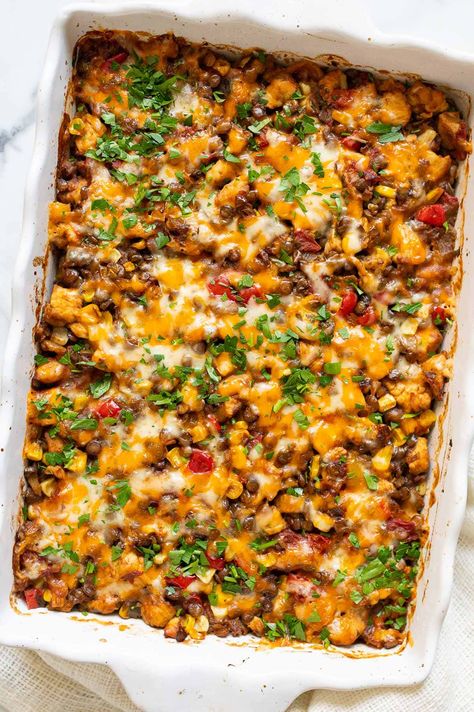 Tex Mex Chicken and Lentil Casserole - iFoodReal.com Lentil Dinners, Recipes With Lentils And Chicken, Lentil Chicken Recipes, Lentil Recipes Mexican, Chicken With Lentils, Lentils With Chicken, High Protein Lentil Recipes, Lentil And Chicken Recipes, Chicken And Red Lentil Recipes