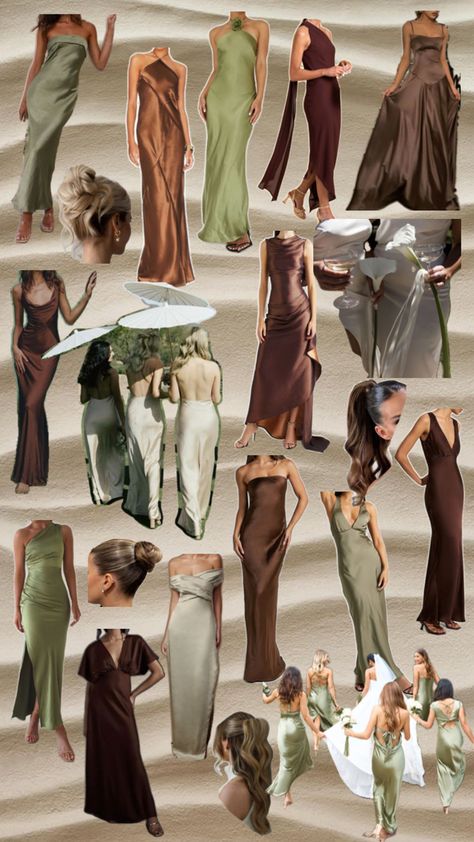 Dress color and design, hair, vibes Earth Tones Dress Code, Bridesmaid Inspiration Color Schemes, Wedding Guests Color Palette, Green And Brown Bridesmaid Dresses, Brown And Green Bridesmaid Dresses, Bridesmaid Dresses Earth Tones, Earth Tone Bridesmaid Dresses, Brown Bridesmaid Dresses, Earth Tone Dress