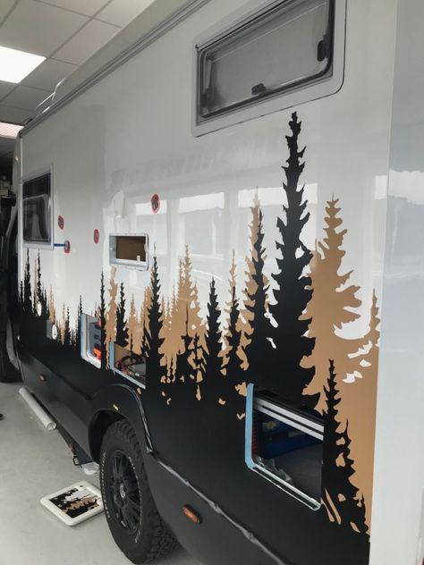 Camper Graphics Ideas, Mini Camper Decorating Ideas, Rv Graphics Ideas, Rv Exterior Paint Designs, Rv Decals Graphics Vinyls, Camper Painting Exterior, Exterior Camper Makeover, Camper Exterior Paint Ideas, Rv Exterior Remodel