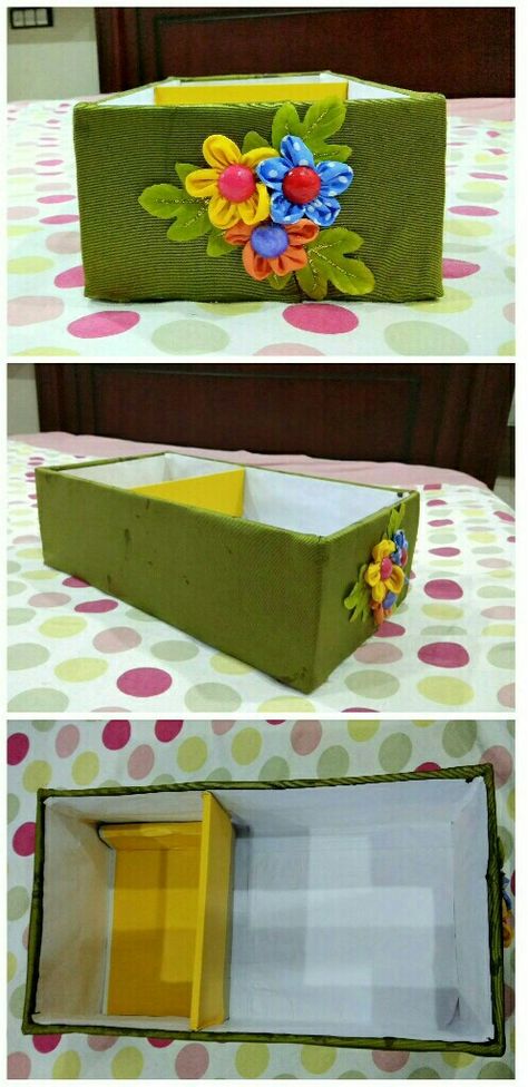 DIY organizer from shoe box. Fabric covered cardboard box Shoe Box Diy, Cardboard Ideas, Shoe Box Crafts, Stationary Storage, Diy Organizer, Desk Organization Diy, Shoe Boxes, Diy Desk, Decorated Shoes